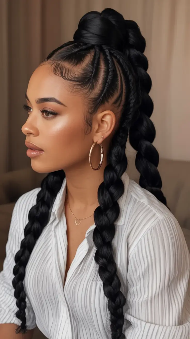 Top Burgundy Hair Color Looks for Autumn 2025 Elevated Cornrow Ponytail with Braided Drama