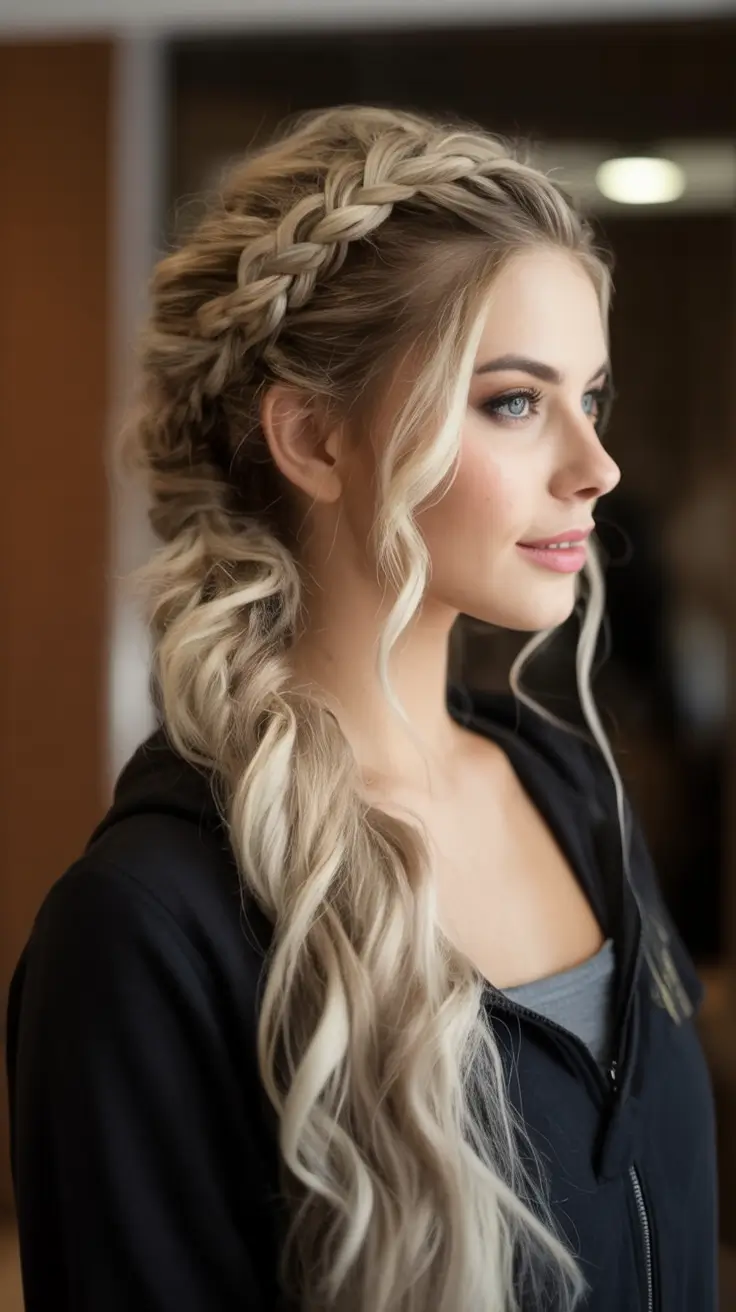 Top Burgundy Hair Color Looks for Autumn 2025 Loose Braided Crown with Romantic Blonde Curls