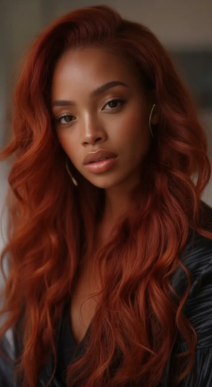 Fall 2025 Hair Colors ideas for Deep Skin Deep Copper Cinnamon with Voluminous Waves