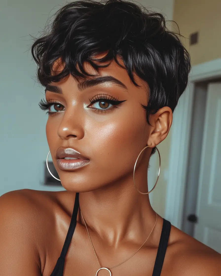 Fall 2025 Hair Colors ideas for Deep Skin Short Cropped Waves in Inky Blue-Black