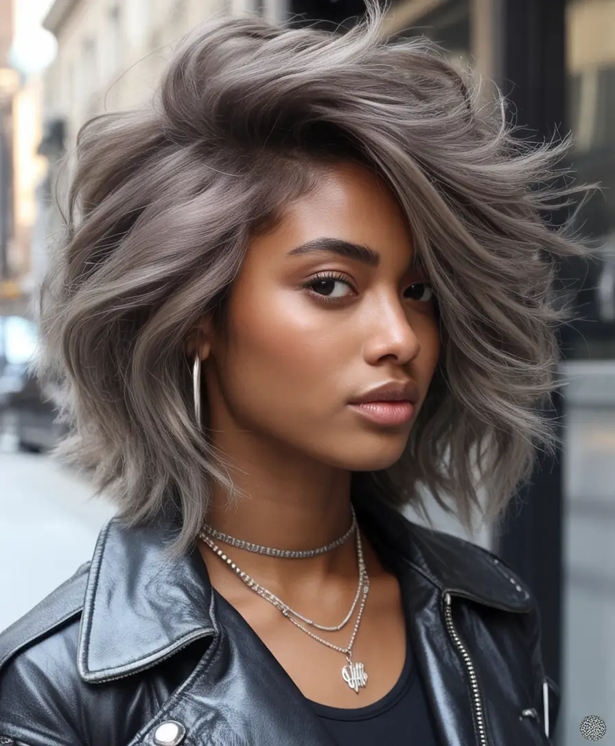 Fall 2025 Hair Colors ideas for Deep Skin Voluminous Smoky Silver Blowout