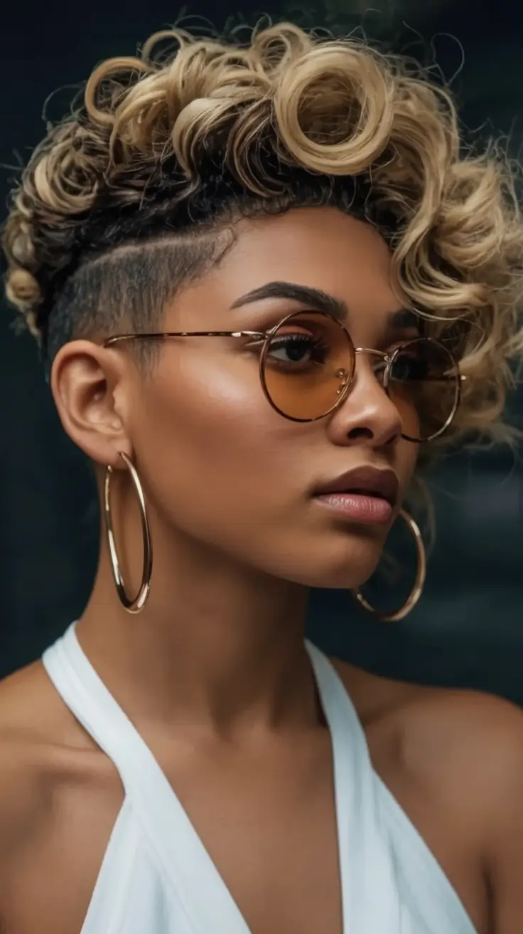 Fall 2025 Hair Colors ideas for Deep Skin Retro Blonde Frohawk with Shaved Sides