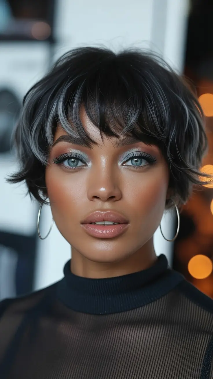 Fall 2025 Hair Colors ideas for Deep Skin Charcoal and Steel Tousled Bob