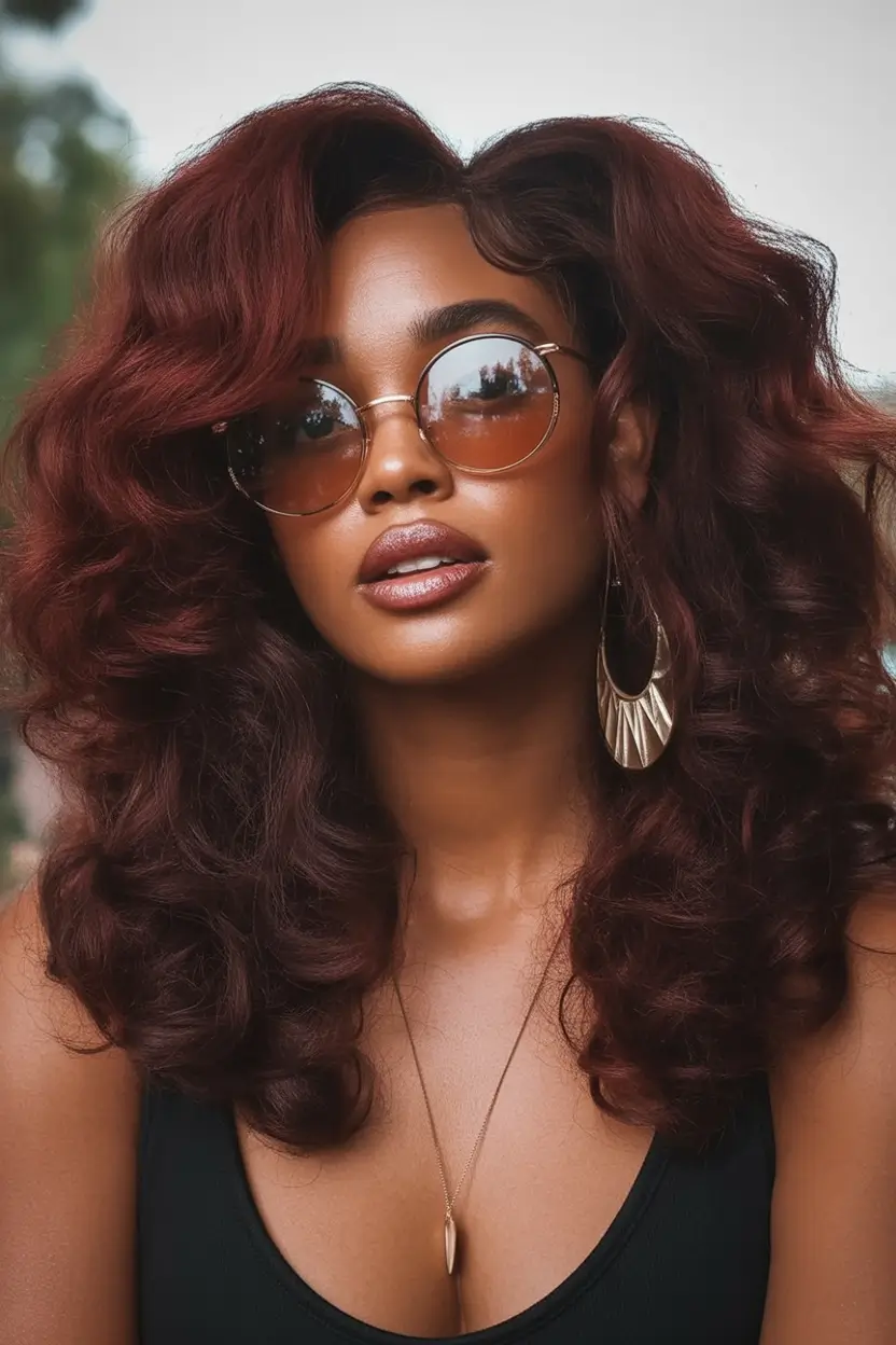 Fall 2025 Hair Colors ideas for Deep Skin Velvety Wine Curls with Sculpted Volume