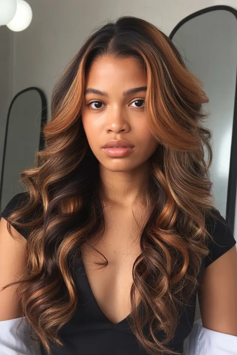 Fall 2025 Hair Colors ideas for Deep Skin Golden Caramel Brunette Waves