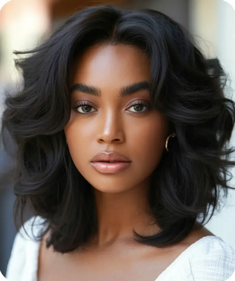 Fall 2025 Hair Colors ideas for Deep Skin Midnight Brunette Layers with Fluffy Bounce