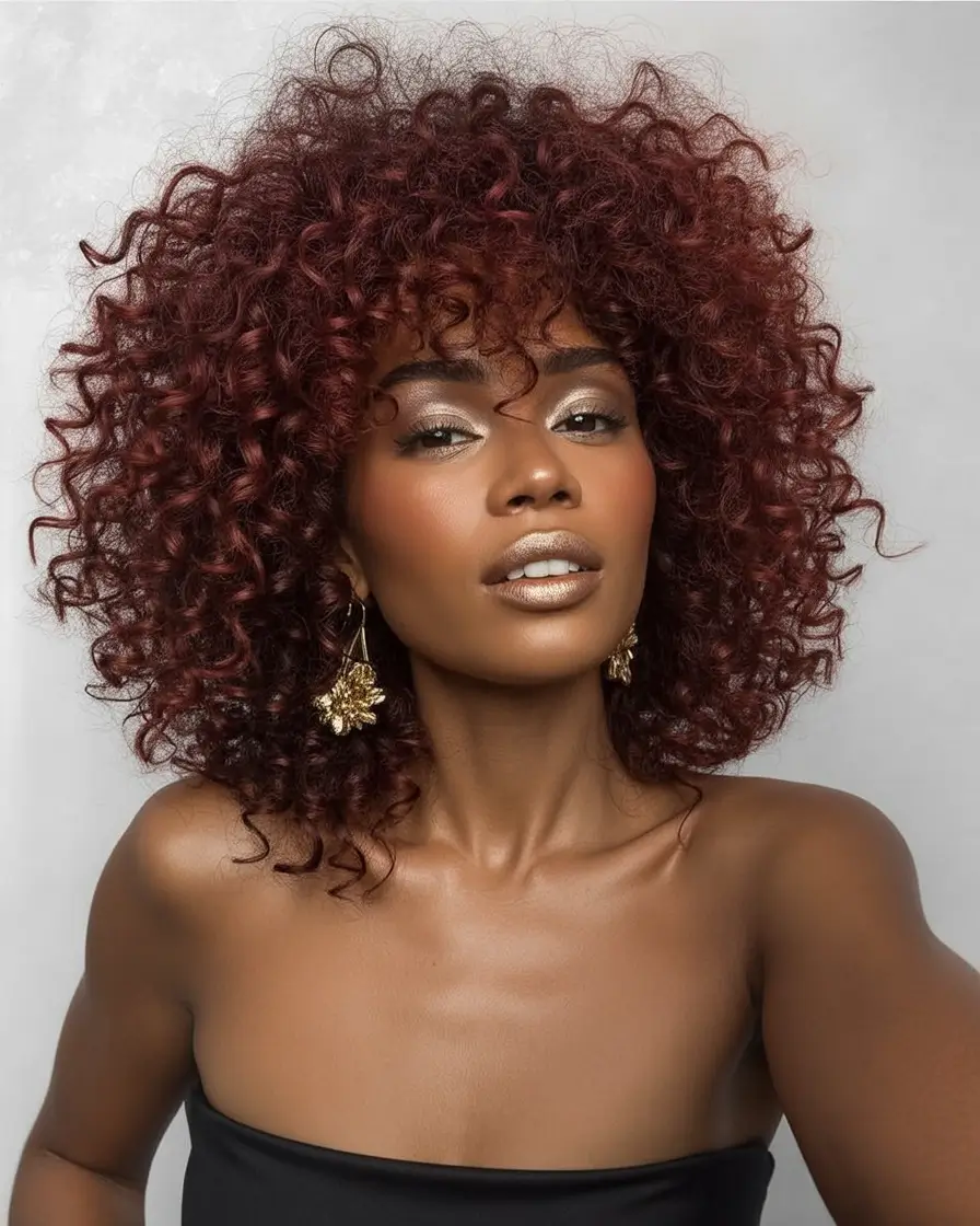 Fall 2025 Hair Colors ideas for Deep Skin Bold Burgundy Halo with Fierce Volume