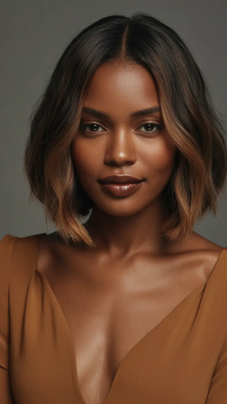 Fall 2025 Hair Colors ideas for Deep Skin Bronzed Espresso Waves in a Blunt Bob
