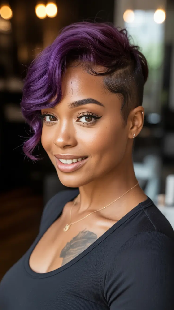 Fall 2025 Hair Colors ideas for Deep Skin Royal Purple Fade with Shaved Sides