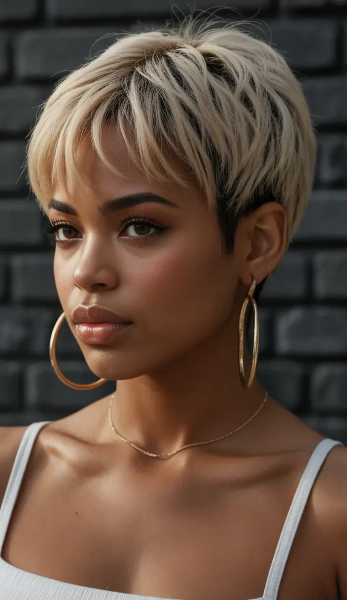 Fall 2025 Hair Colors ideas for Deep Skin Pale Blonde Pixie with Feathered Layers