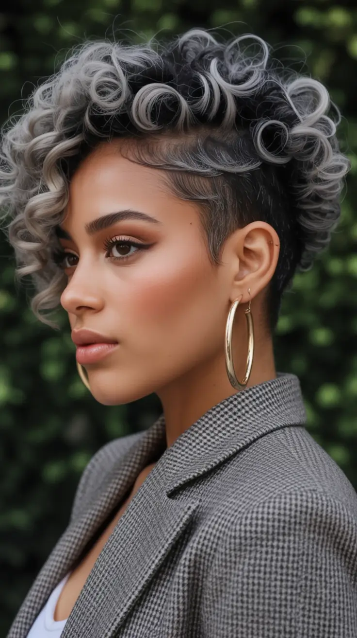 Fall 2025 Hair Colors ideas for Deep Skin Salt-and-Pepper Curls with Undercut Detail