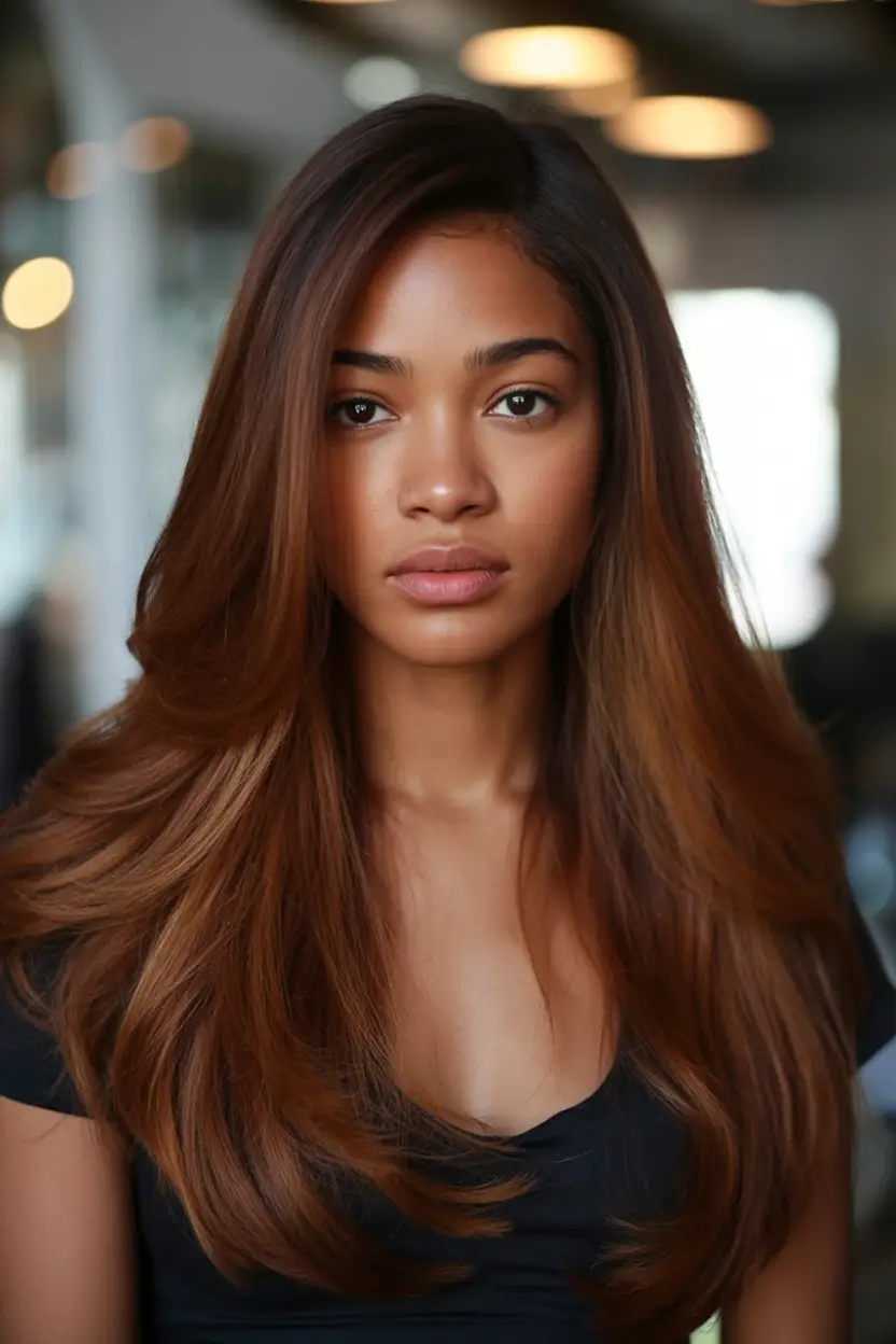 Fall 2025 Hair Colors ideas for Deep Skin Soft Copper Chestnut Blowout