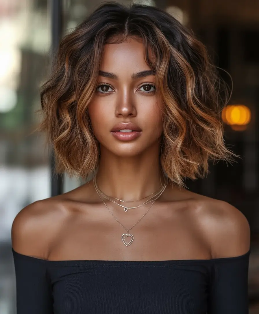 Fall 2025 Hair Colors ideas for Deep Skin Rooty Golden Ombre Bob