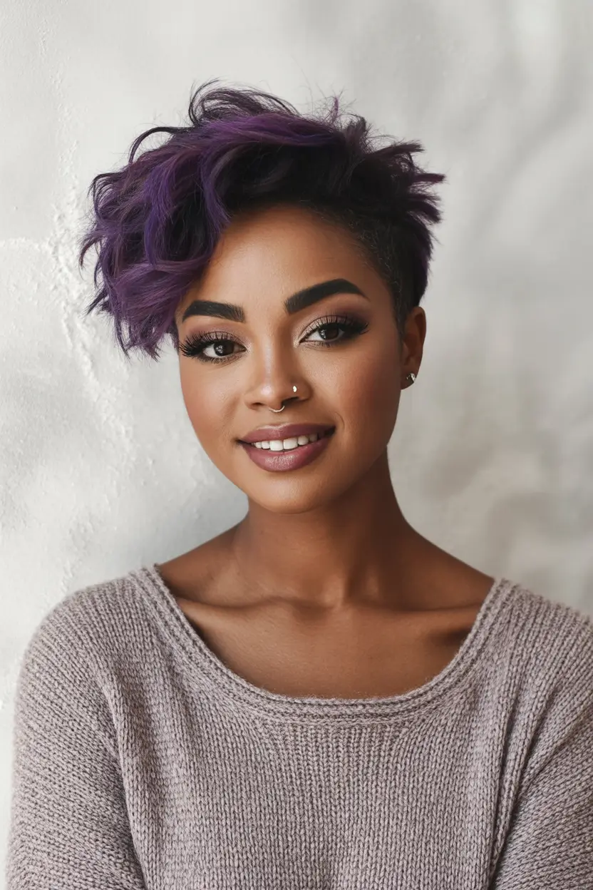 Fall 2025 Hair Colors ideas for Deep Skin Purple Punk Pixie with Side Volume