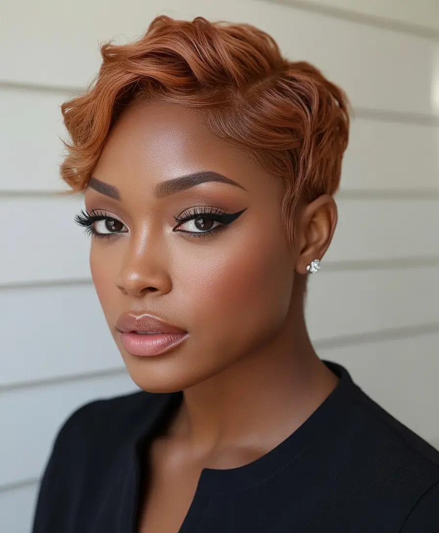 Fall 2025 Hair Colors ideas for Deep Skin Polished Copper Pixie with Sculpted Waves
