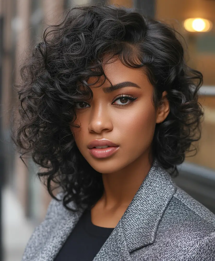 Fall 2025 Hair Colors ideas for Deep Skin Glossy Side-Parted Curls in Dark Chocolate