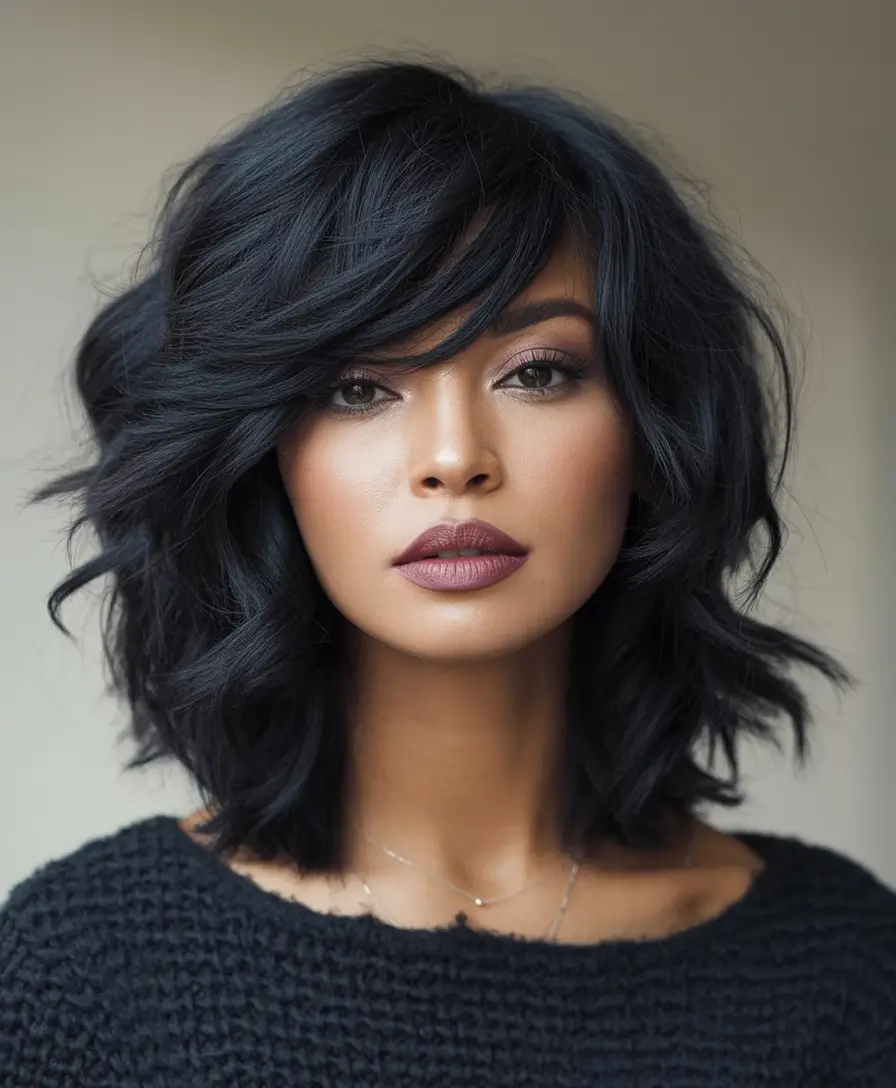 Fall 2025 Hair Colors ideas for Deep Skin Cool-Toned Midnight Layers with Side Bangs
