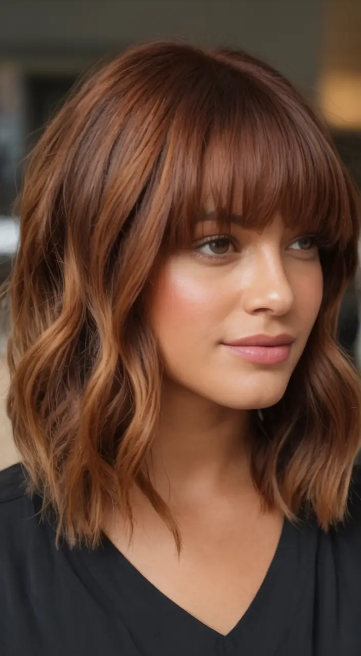 Fall 2025 Hair Colors Ideas for Warm Skin Hazelnut Tousled Bob with Fringe