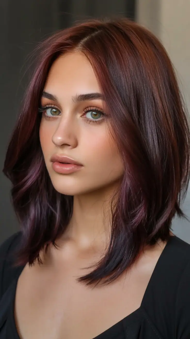 Fall 2025 Hair Colors Ideas for Warm Skin Subtle Blackberry Lob with a Satin Finish