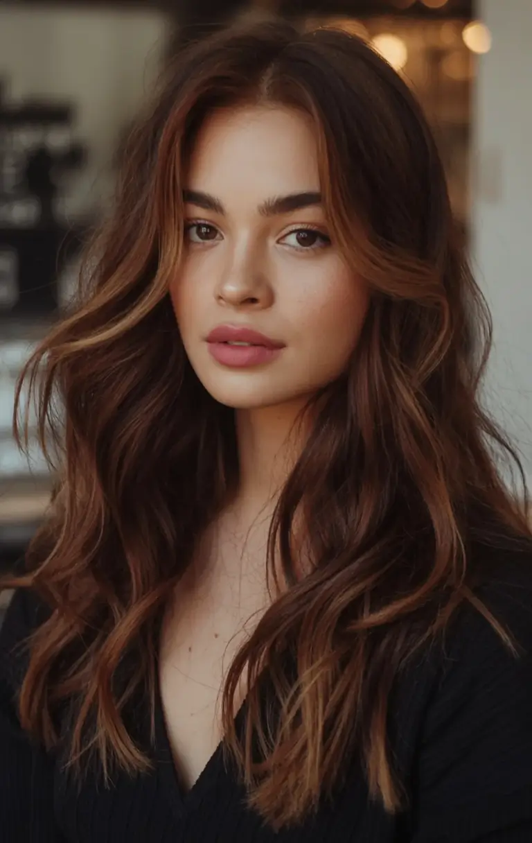 Fall 2025 Hair Colors Ideas for Warm Skin Soft Brown Lowlights on Long Layers