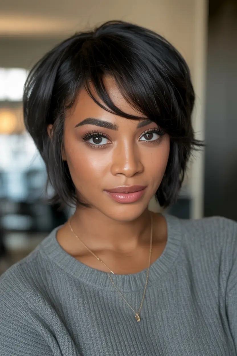 Fall 2025 Hair Colors Ideas for Warm Skin Raven Black Bob with Side-Swept Bangs