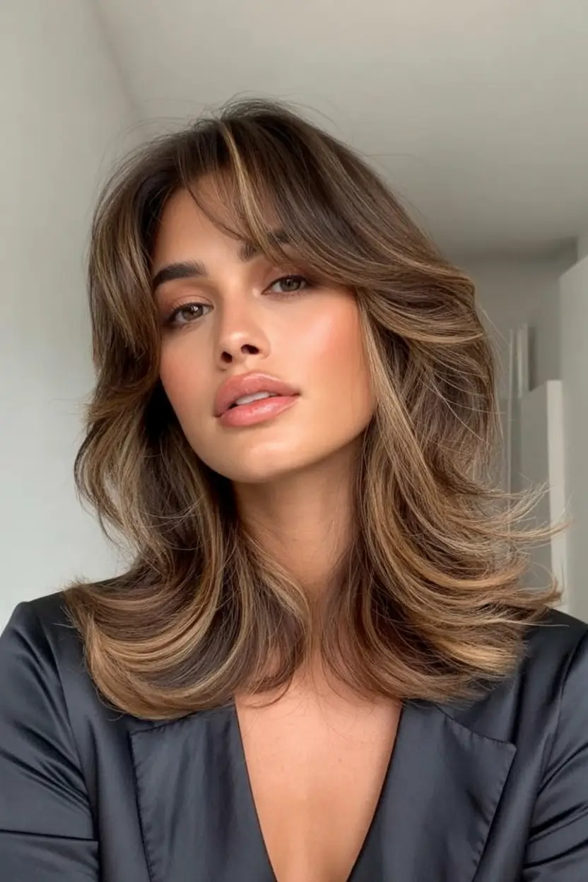 Fall 2025 Hair Colors Ideas for Warm Skin Golden Cappuccino Shoulder Cut