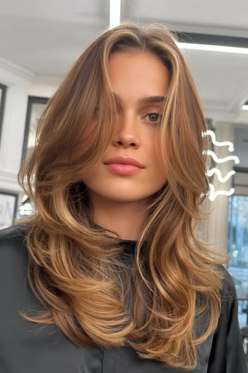 Fall 2025 Hair Colors Ideas for Warm Skin Soft Caramel Feathered Layers