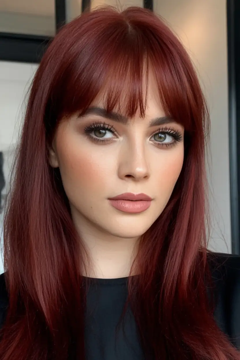 Fall 2025 Hair Colors Ideas for Warm Skin Deep Cinnamon Red with Wispy Fringe
