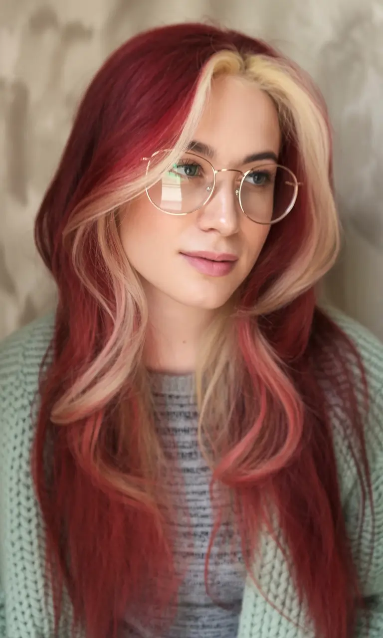 Fall 2025 Hair Colors Ideas for Warm Skin Spiced Cranberry with Face-Framing Blonde