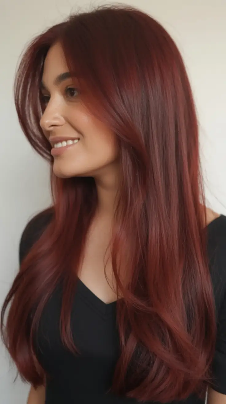 Fall 2025 Hair Colors Ideas for Warm Skin Glossed Merlot Layers with a Smooth Finish