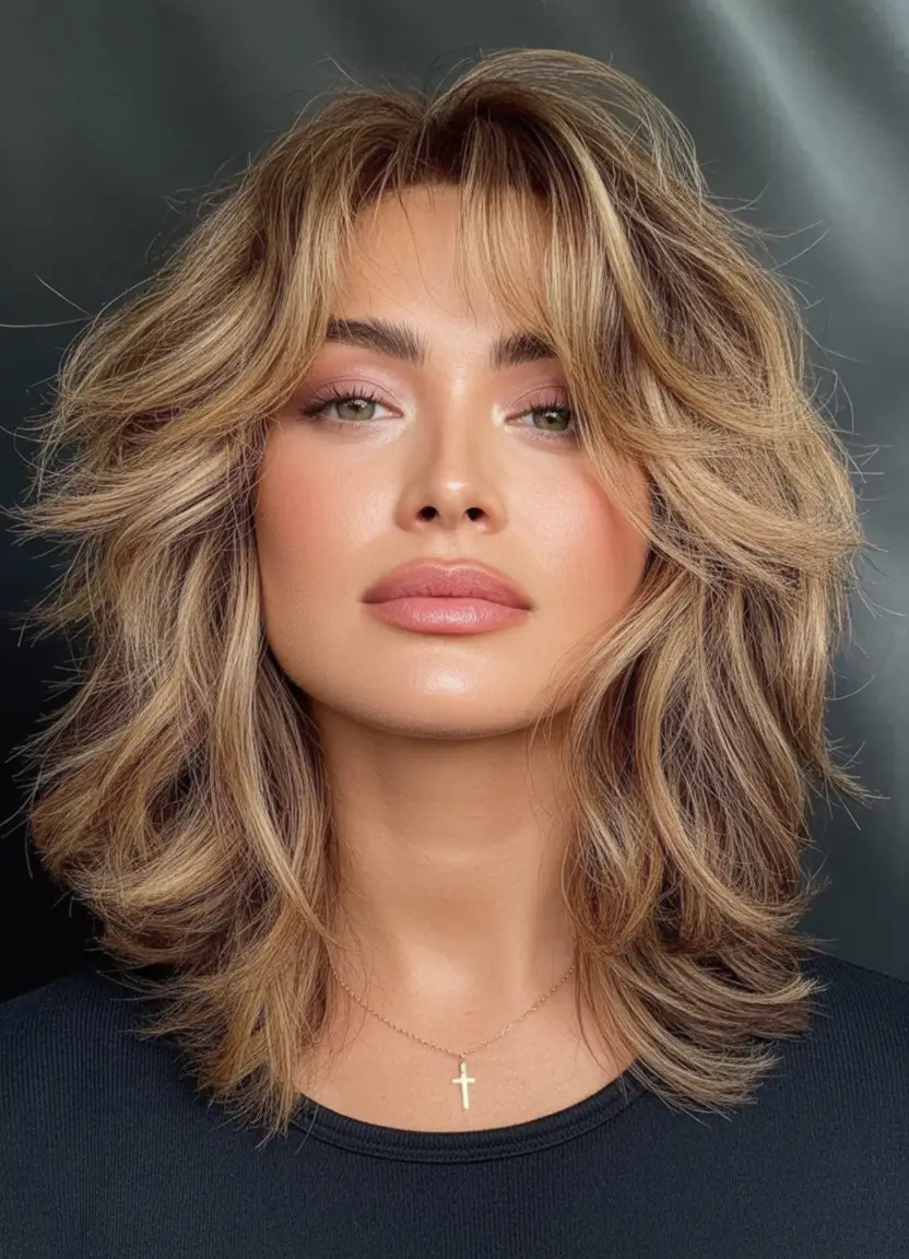 Best Fall Haircuts for Round Faces in 2025 Layered Golden Shag With Curtain Bangs