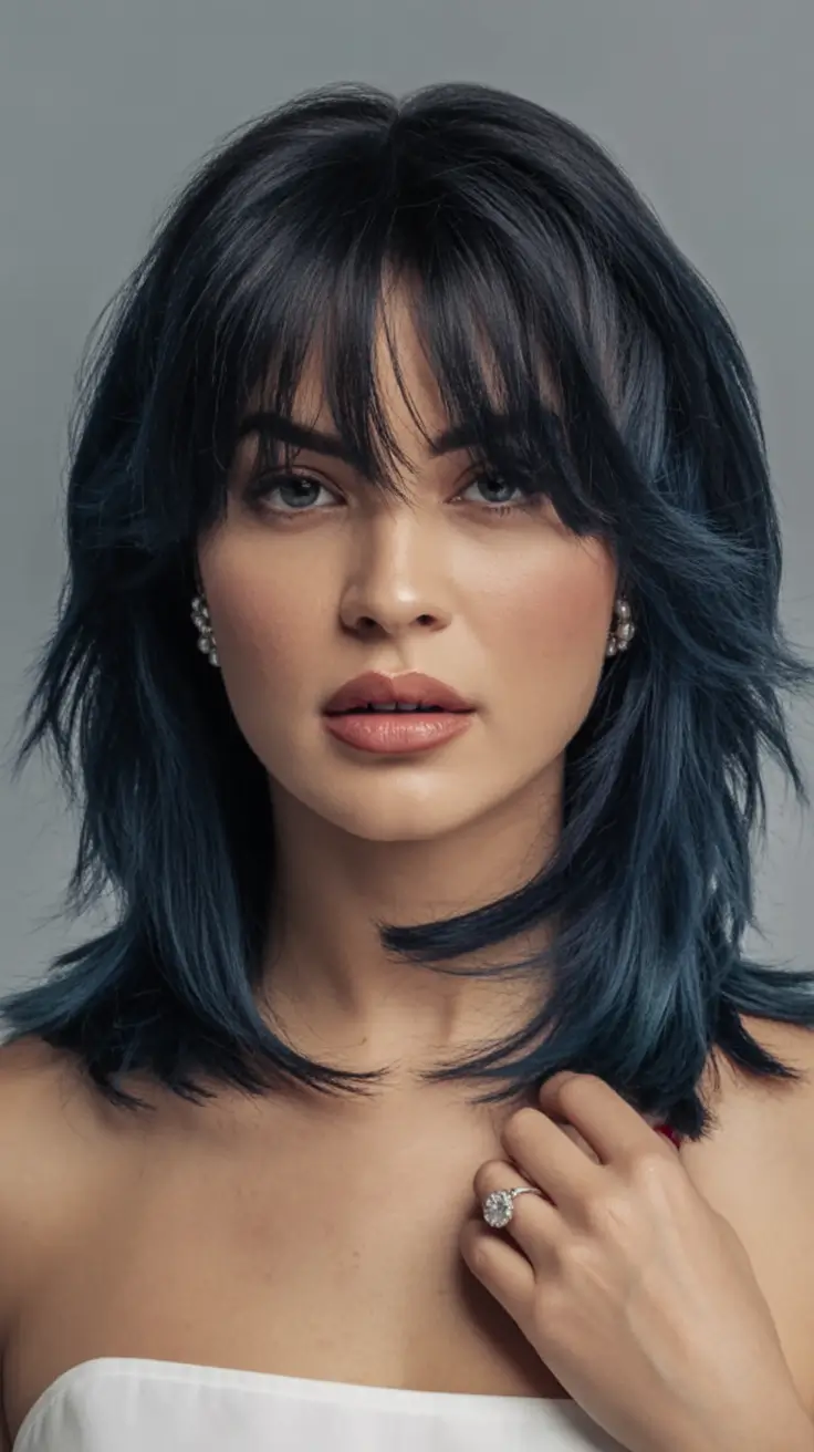 Best Fall Haircuts for Round Faces in 2025 Ink Blue Rocker Layers With Soft Fringe