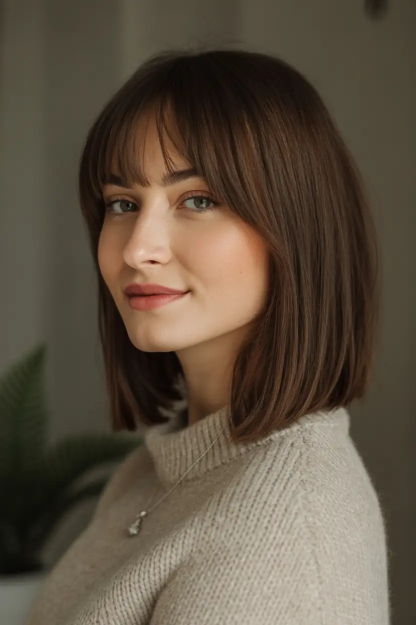 Best Fall Haircuts for Round Faces in 2025 Classic Blunt Bob With Delicate Bangs