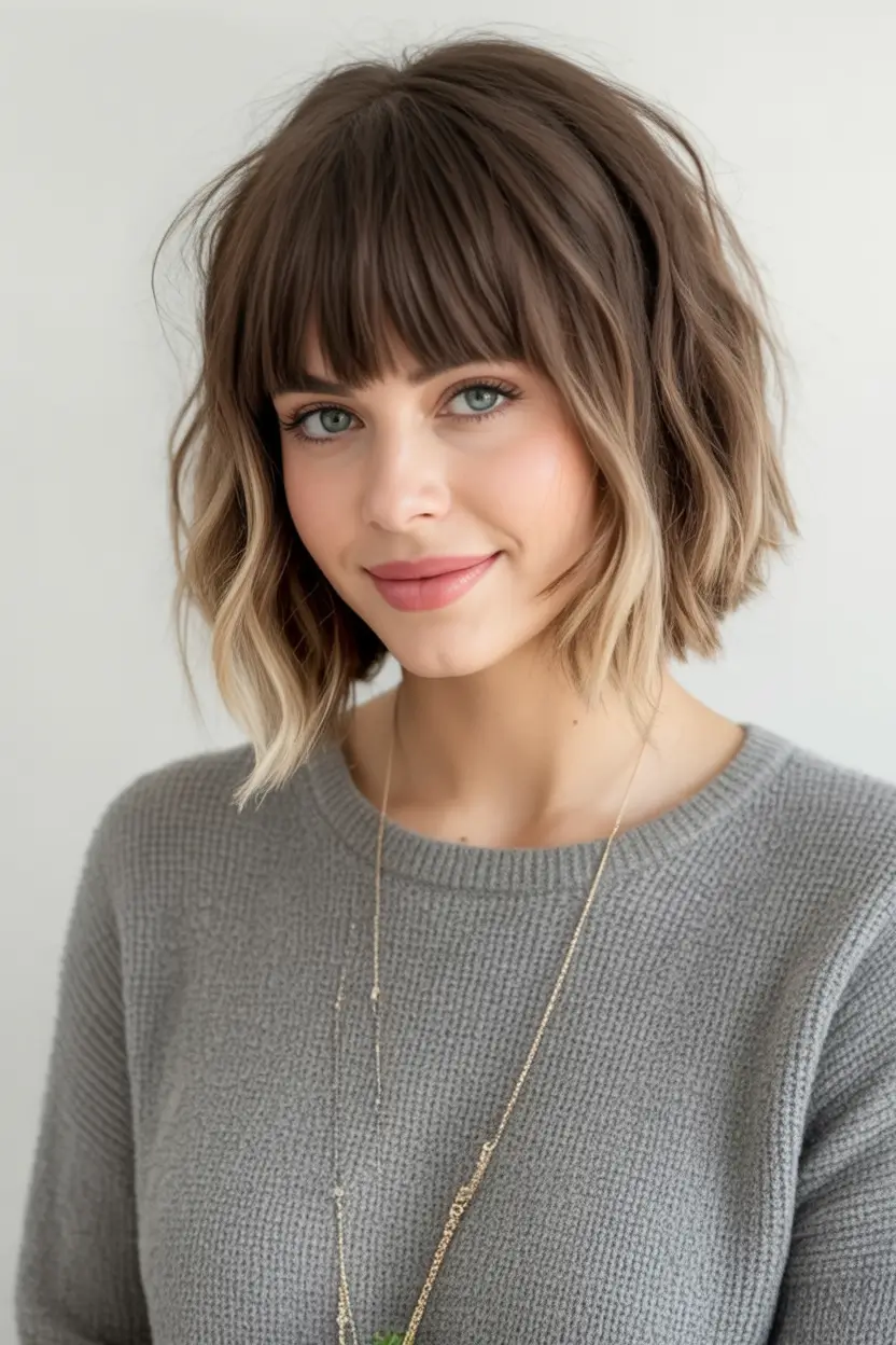 Best Fall Haircuts for Round Faces in 2025 Wavy Bob With Blonde Ends And Heavy Fringe