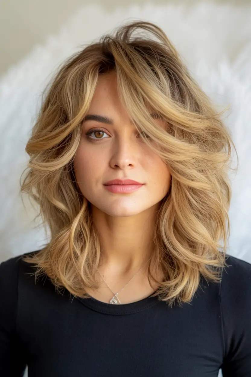 Best Fall Haircuts for Round Faces in 2025 Layered Medium Cut with Windswept Bangs