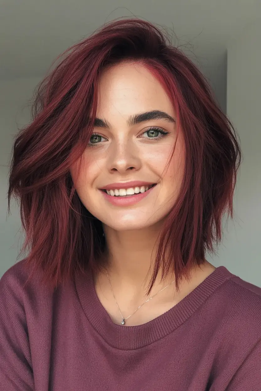 Best Fall Haircuts for Round Faces in 2025 Rich Mahogany Lob With Side Volume