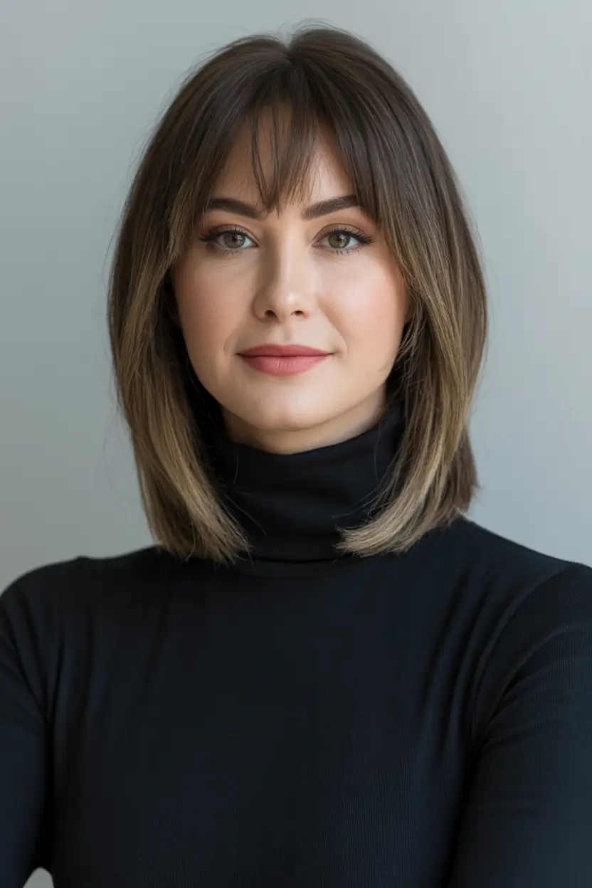 Best Fall Haircuts for Round Faces in 2025 Blunt Lob with Curtain Bangs