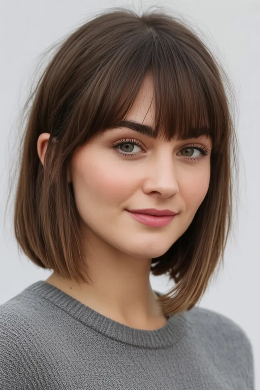 Best Fall Haircuts for Round Faces in 2025 Classic French Bob with Full Fringe