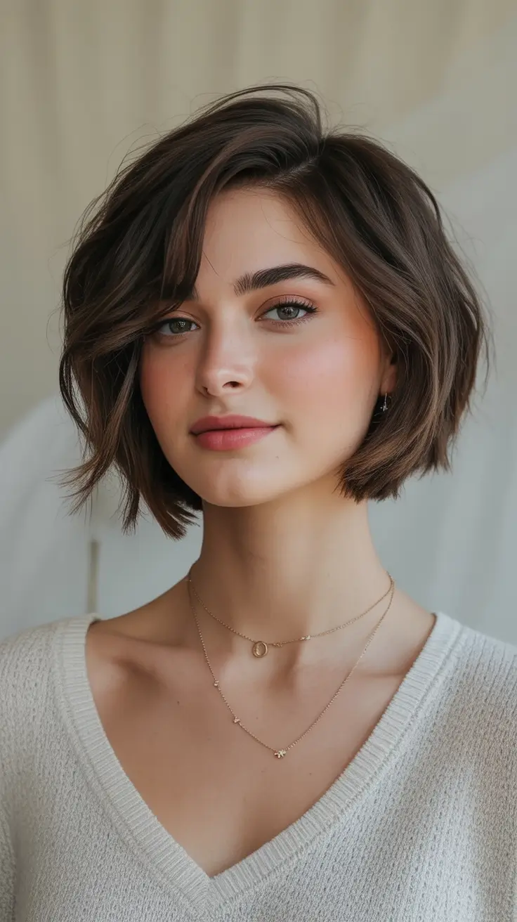 Best Fall Haircuts for Round Faces in 2025 Airy Textured Bob with Deep Side Part