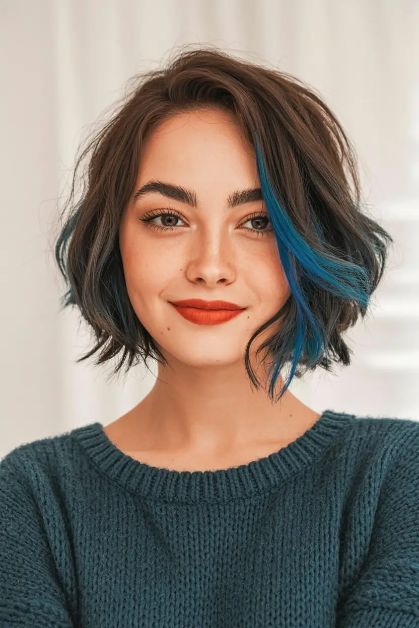 Best Fall Haircuts for Round Faces in 2025 Choppy Brown Bob With Electric Blue Streak