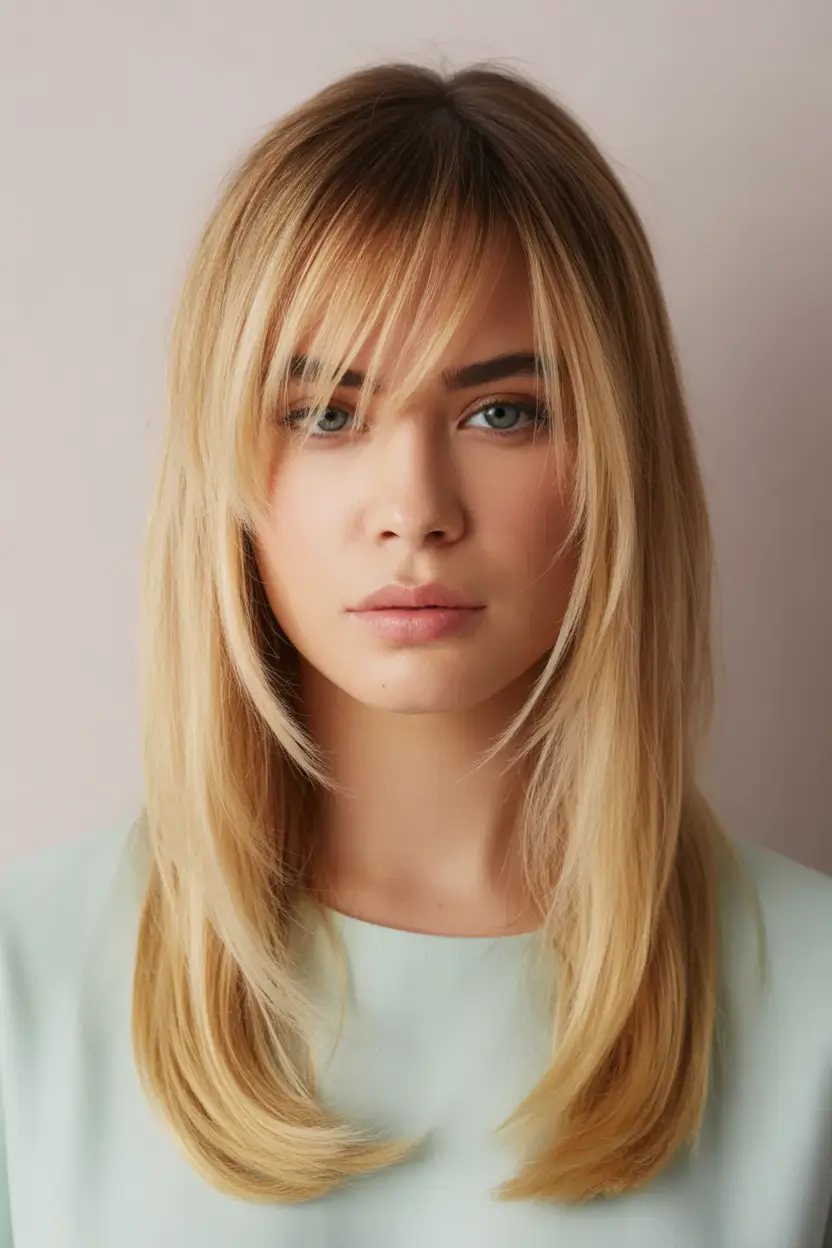 Best Fall Haircuts for Round Faces in 2025 Golden Feathered Layers With Wispy Bangs