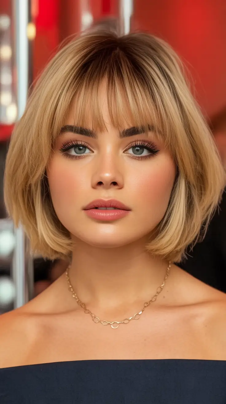 Best Fall Haircuts for Round Faces in 2025 Classic French Bob With Baby Bangs