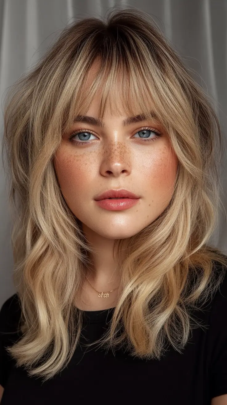 Best Fall Haircuts for Round Faces in 2025 Wavy Blonde Mid-Length With Bottleneck Fringe