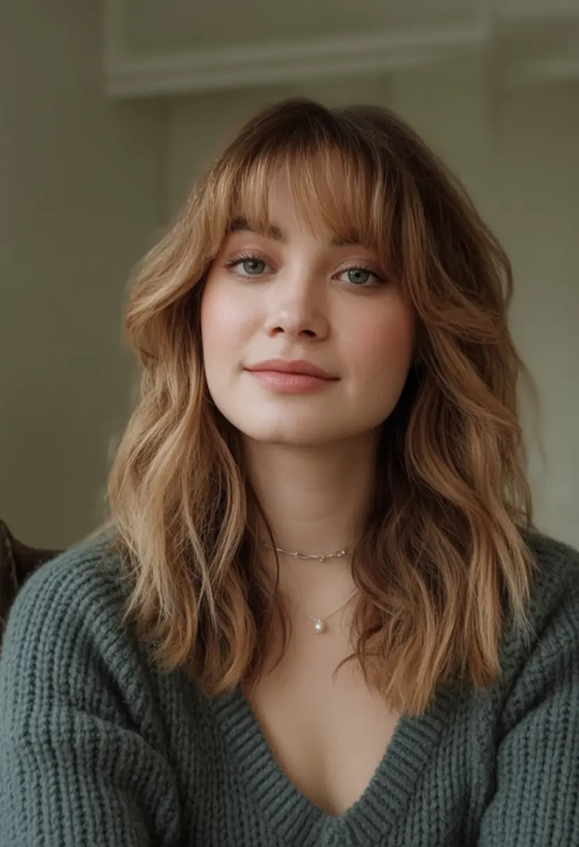 Best Fall Haircuts for Round Faces in 2025 Textured Auburn Waves With Light Fringe