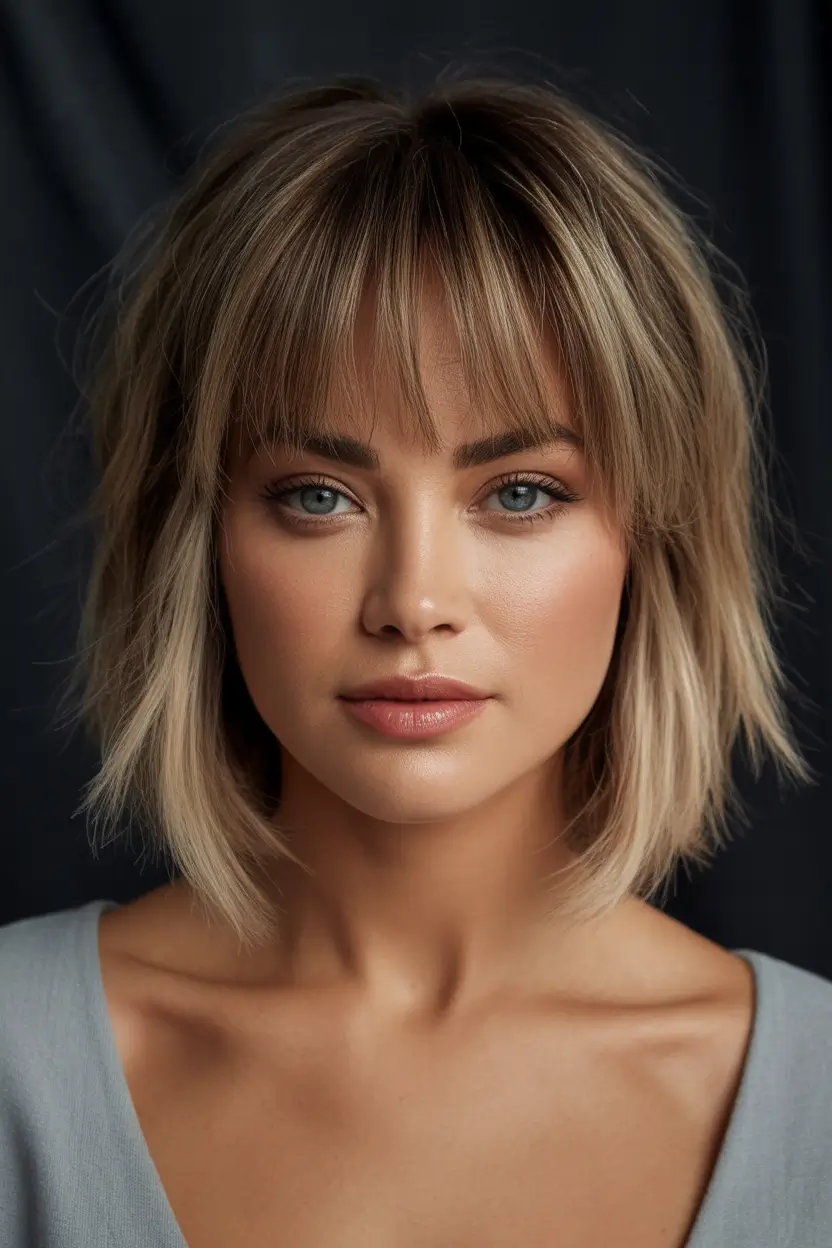 Best Fall Haircuts for Round Faces in 2025 Polished Blonde Bob With Full Fringe
