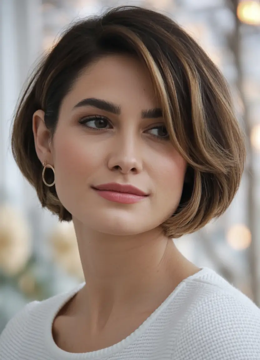 Fall 2025 hairstyle for Short Cuts Soft Side-Parted Bob with Warm Highlights