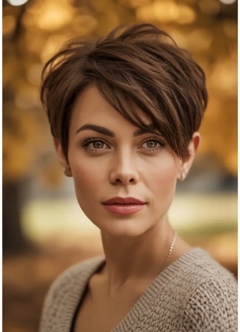 Fall 2025 hairstyle for Short Cuts Wispy Pixie with Autumn Warmth