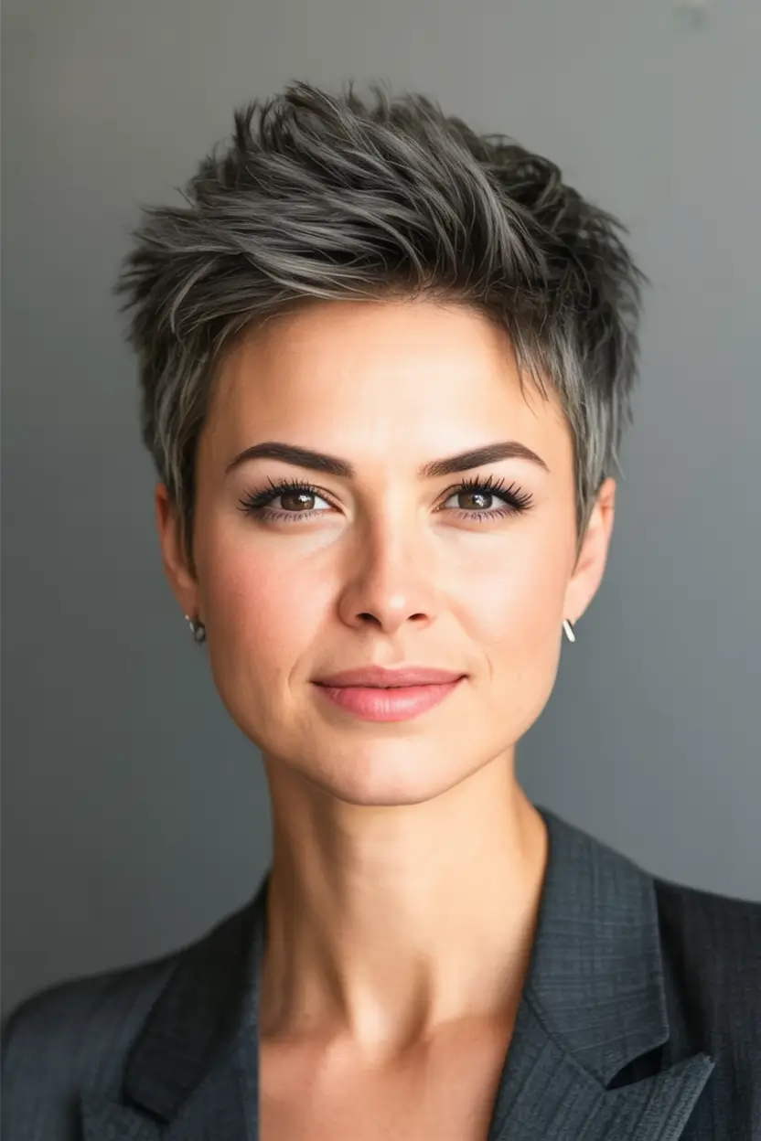 Fall 2025 hairstyle for Short Cuts Smoky Silver Pixie with Spiked Texture