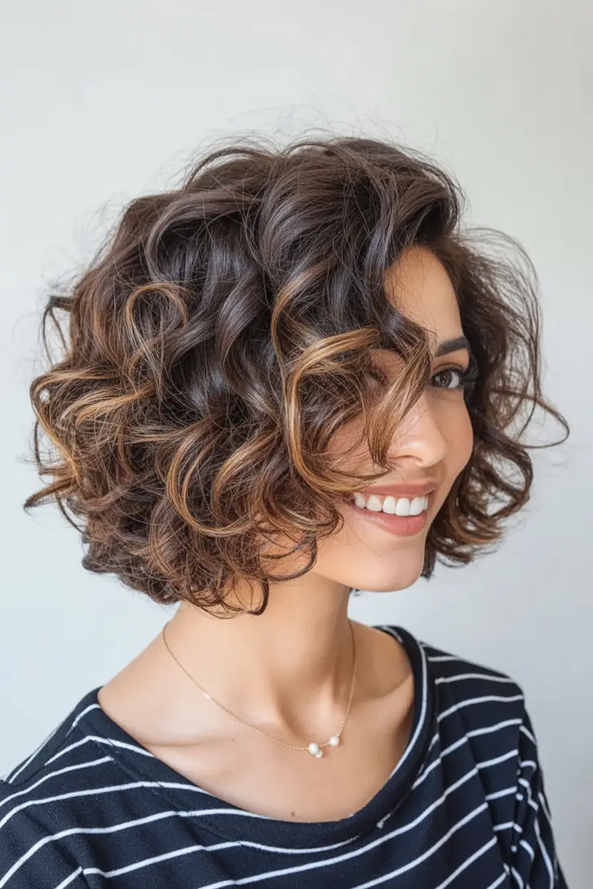 Fall 2025 hairstyle for Short Cuts Curly Bob with Cinnamon Highlights