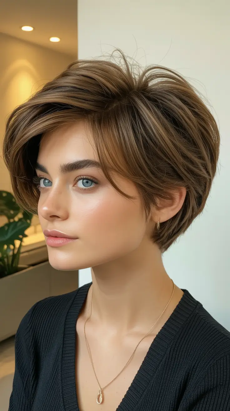 Fall 2025 hairstyle for Short Cuts Feathered Mushroom Pixie in Toasted Walnut